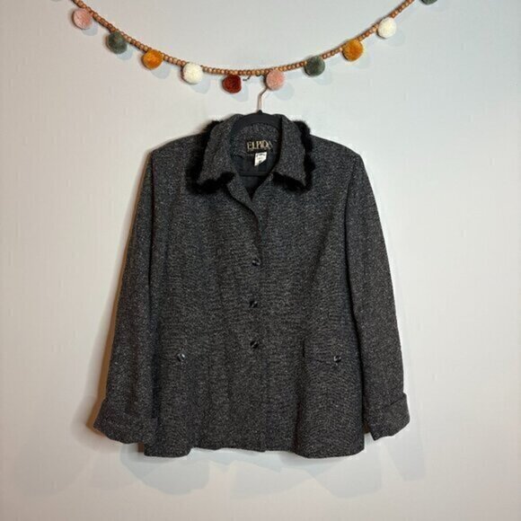 Vintage ELPIDA grey fur lined collar wool blend blazer jacket - Picture 1 of 6